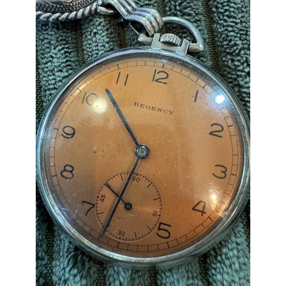 Regency Vintage Orange‎ Dial Pocket Watch Charm Bracelet Ornate Silver Tone Oval